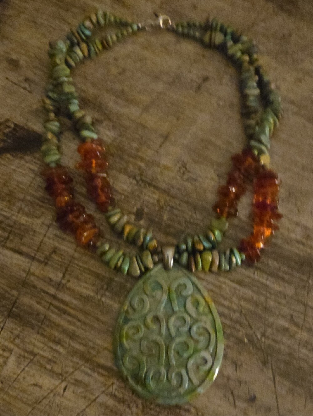 SET~ Sally C. Handcrafted Turquoise Pendant Necklace with Amber Bead Accents